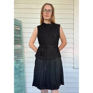 60s Black Dress Sleeveless Pleated Textured Sears Vintage S